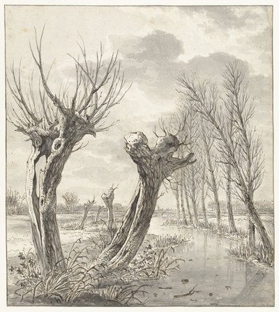凍った溝に沿ってポラード柳のある冬の風景 作： Jacob van Strij