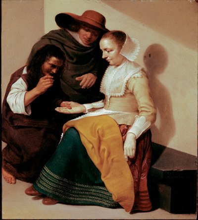 占い師 画家：ヤコブ・ファン・フェルゼン（1625年以降～1656年） 1631年 日26x23 cm パリ、ルーヴル美術館 - ヤコブ・ファン・ヴェルセン（1625年以降～1656年）の「占い師」。銅に油彩、26×23cm 作： Jacob van Velsen