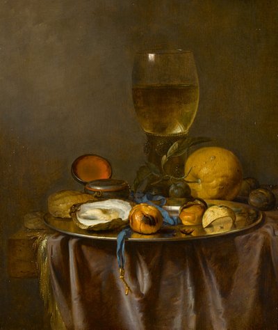 ロメール、時計、牡蠣、果物のある静物画 作： Jacob van Walscapelle
