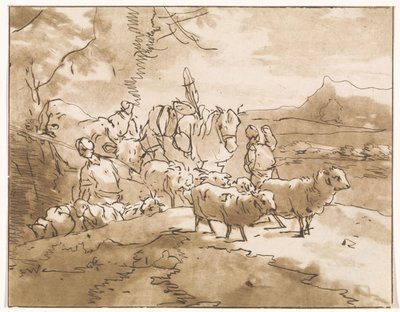 山の風景の中で牛と羊飼い 作： Jacob van de Velde (graveur)