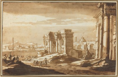 テヴェレ川沿いのローマ時代の遺跡のカプリッチョ ビュー 作： Jacob van der Ulft