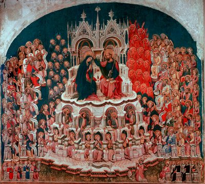 ジャコベッロ・デル・フィオーレ（1370-1439）の木版画「楽園における聖母の戴冠式」。15世紀 ヴェネチア・アカデミア美術館のギャラリー 作： Jacobello del Fiore