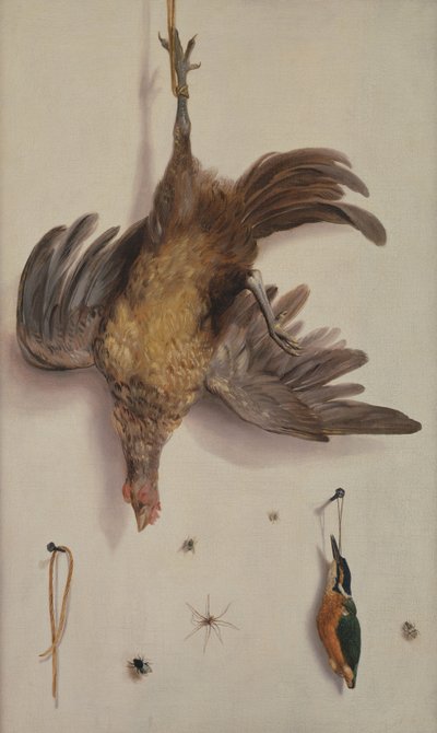 ひもにぶら下がっている雌鶏とカワセミ 作： Jacobus Biltius
