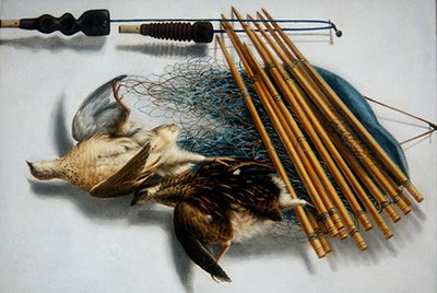2羽のウズラと狩猟用具のある静物画 作： Jacobus Biltius