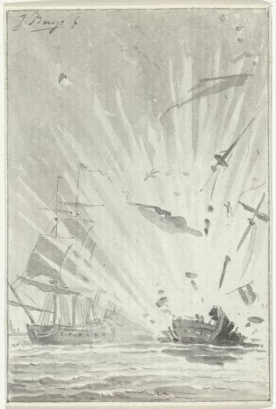 1781 年 8 月 14 日、イギリスの船カメレオンとの戦闘中のオランダの私掠船デ ダペール パトリオットの爆発 作： Jacobus Buys