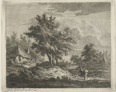 3 本の木の近くに歩行者がいる風景 作： Jacobus Cornelis Gaal