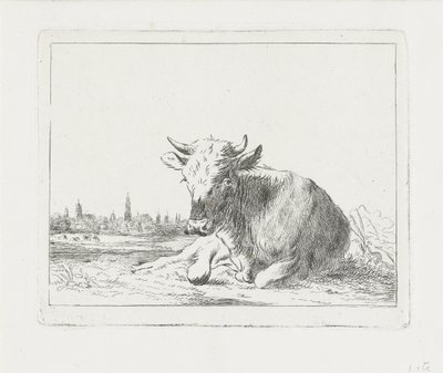 横になっている牛、背景には都市 作： Jacobus Cornelis Gaal