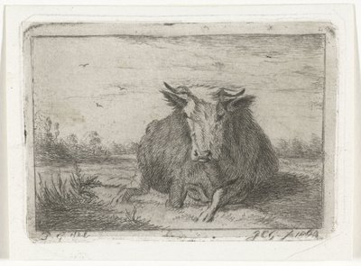 正面から見た横たわる牛 作： Jacobus Cornelis Gaal