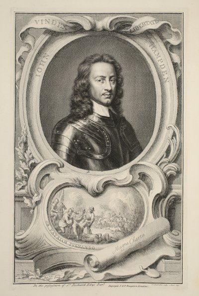 ジョン・ハンプデンの肖像、「イギリスの著名人の頭」からのイラスト、パブ。ナップトン、ロンドン1742 作： Jacobus Houbraken