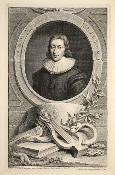 ジョンミルトンの肖像画、「イギリスの著名人の頭」からのイラスト、パブ。ナップトン、ロンドン1742 作： Jacobus Houbraken