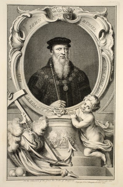 ジョンラッセルの肖像画、「イギリスの著名な人物の頭」のイラスト、パブ。ナップトン、ロンドン1742 作： Jacobus Houbraken