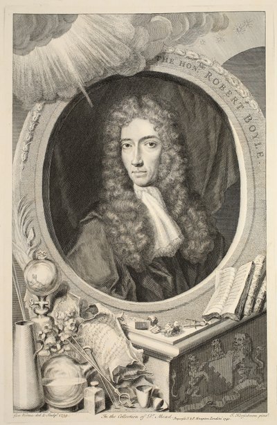 本の肖像画。ロバート・ボイル、「イギリスの輝かしい人物の頭」のイラスト、パブ。ナップトン、ロンドン1742 作： Jacobus Houbraken