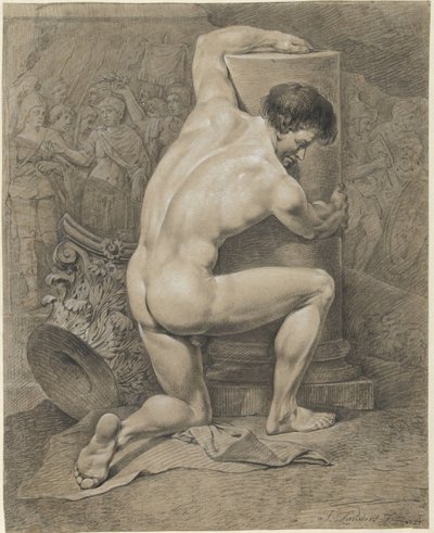 ひざまずく男性ヌード、右の柱に腕を回す 作： Jacobus Johannes Lauwers