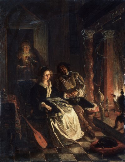 ""Le Rendez vous"" (ランデブー) ファイヤーサイドで彼女への愛を宣言する紳士に求愛された少女の誘惑のシーン。 ヤコブ・ジョセフ・エックハウト (1793-1861) による絵画 1852 ベラルーシ共和国の州立美術館、ミンスク、ベラルーシ 作： Jacobus Josephus Eeckhout