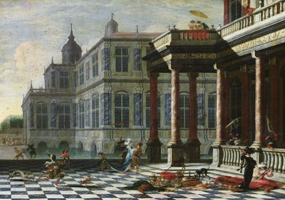 テラスのあるイタリアの宮殿（キャンバスに油彩） 作： Jacobus Saeys