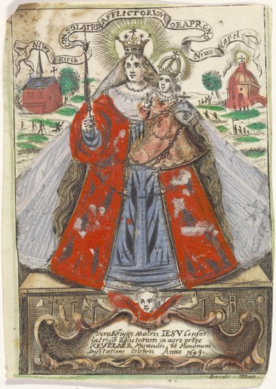 彼女の後ろに 2 つの教会の建物を持つメアリーと子供 作： Jacobus de Man (I)