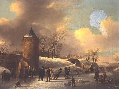 塔のそばの凍った水路を滑るスケーターたち 作： Jacobus van der Stok