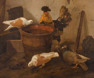 水桶のそばに3羽の鳩と1羽の雄鶏 作： Jacomo Victors