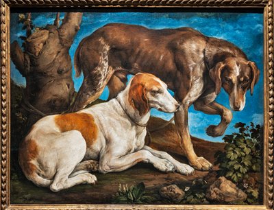 丸太につながれた 2 匹の犬の肖像画 作： Jacopo (1510 92) Bassano