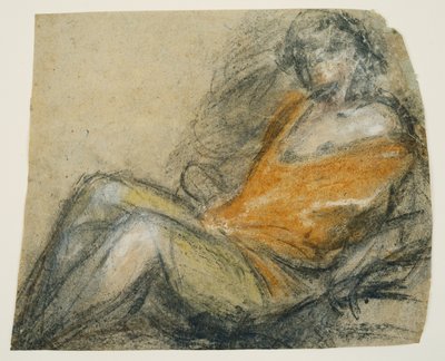 倚像の習作 1567年頃 灰色の敷紙に黒ペン、チョーク、黒鉛ペン 作： Jacopo (1510 92) Bassano