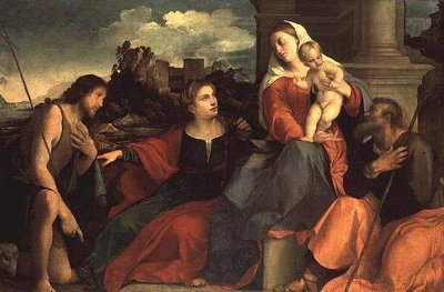 聖母子像と洗礼者ヨハネと聖人たち 作： Jacopo (c.1480 1528) Palma