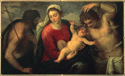 聖母子と洗礼者ヨハネ、聖セバスチャン...（キャンバスに描かれた絵） 作： Jacopo (c.1480-1528) Palma