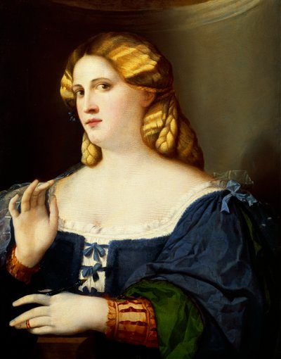 パルマ・ザ・エルダー（1480-1528）として知られるヤコポ・ニグレッティ作、扇子を持つ女性 作： Jacopo (c.1480 1528) Palma
