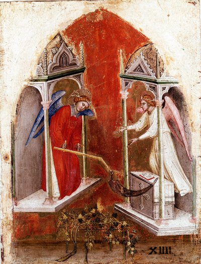 黙示録のポリプティク：左内側のパネル。収穫の様子。ジャコベッロ・アルベレグノ(1367-1397年頃)による木版デトレンプレ(1360-1390年)。ヴェネツィア、アカデミア美術館（Gallerie dell