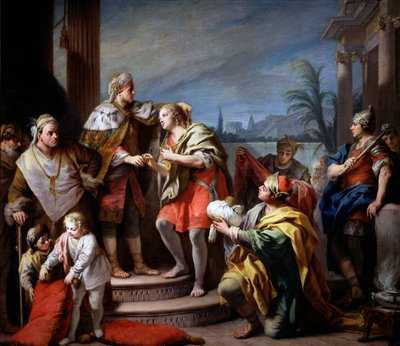 ファラオの前のヨセフ」（Jacopo Amigoni (Giacomo Amiconi) (1675-1752)、約1749年 - 油彩・キャンバス、283x325 - プラド美術館（マドリッド）。 作： Jacopo Amigoni