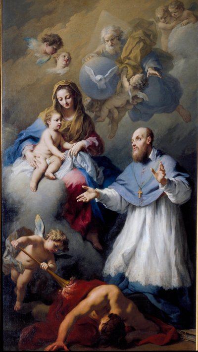 聖母子と聖フランソワ＝ド＝サール（1567-1622）、ジュネーヴの前夜祭 イエス・キリスト、神、聖霊の鳩による三位一体の表現。ヤコポ・アミゴーニ（1675-1752）による絵画 1743年 ヴェネツィア、サンタ・マリア・デッラ・ファーヴァ教会 作： Jacopo Amigoni
