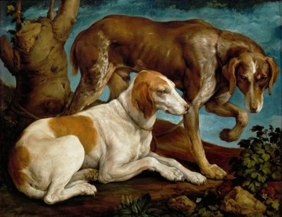 木の切り株に関連付けられている2つの狩猟犬 作： Jacopo Bassano