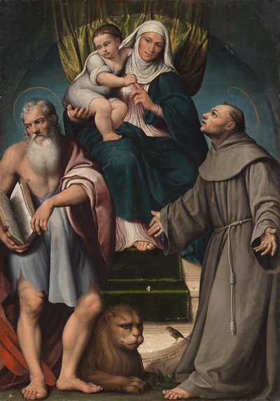 聖アンナと幼子キリストが聖ヒエロニムスとフランシスコの間に即位、1541年。 作： Jacopo Bassano il vecchio