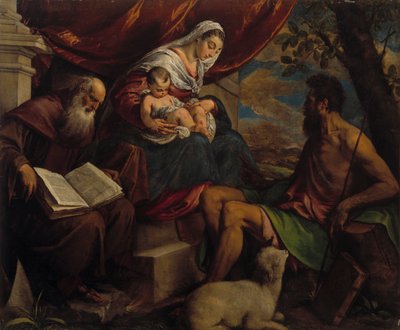 聖母子と洗礼者ヨハネと聖アンソニー修道院長、1560年代。 作： Jacopo Bassano il vecchio