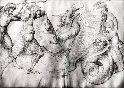 戦士とドラゴンの戦い、c.1450（ベラムにインク） 作： Jacopo Bellini