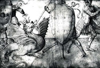 ドラゴンと戦う戦士、1450年頃（ベラムのインク） 作： Jacopo Bellini