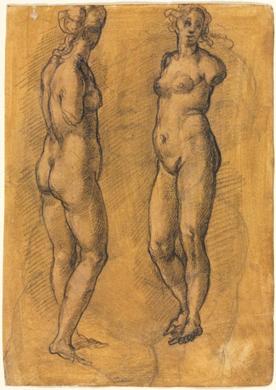 1570年代のプットのスケッチの上に立った女性のアンティーク像の2つのビューのコピー。 作： Jacopo Chimenti