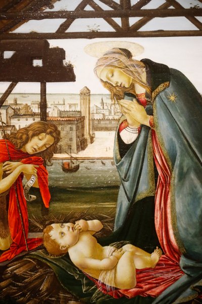 ベネチアの景色の前で幼子を慕う聖母と洗礼者ヨハネ 作： Jacopo Foschi