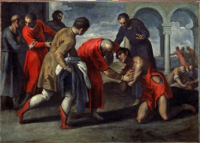 放蕩息子の帰還。 ヤコポ・パルマ・イル・ジョヴァン・ザ・ヤンガー（1544-1628）による1600年以降の絵画。キャンバスに油彩。 イタリアの芸術、マニエリスム スタイル。 アカデミア美術館、ヴェネツィア 作： Jacopo Il Giovane Palma