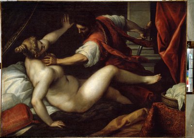 タルクィニウスとルクレティア（タルクィニウスとルクレティア）。 セクストス・タルクィニウスは、紀元前509年に古代ローマで君主制の崩壊と共和国の始まりにつながった出来事であるルクレティウスをレイプします. ヤコポ・パルマ・イル・ジョヴァネの絵画 (ザ・ヤング) 作： Jacopo Il Giovane Palma