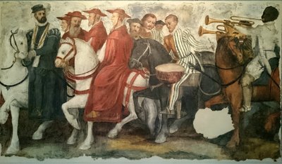 シャルル5世とクレメンス7世の騎馬行進：ブルゴーニュの金羊毛の首輪をつけたナッサウ家のヘンリー、司教、前教徒、トランペット奏者が続く。 作： ヤコポ・リゴッツィ