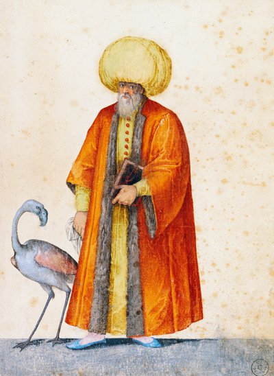 フラミンゴを連れたトルコ人男性、ヤコポ・リゴッツィ（1547-1627）の絵 作： Jacopo Ligozzi