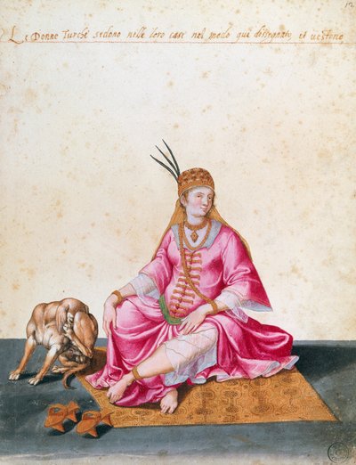 犬を連れたトルコ人女性、ヤコポ・リゴッツィ（1547-1627）の絵 作： Jacopo Ligozzi