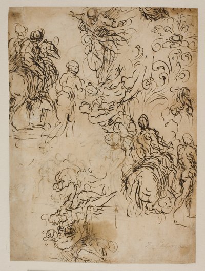 空中に浮かんでいるキリスト、騎手、座っているカップル、花飾りのスケッチ 作： Jacopo Palma