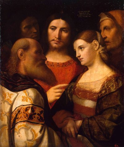 キリストと姦通に連れて行かれた女」、1510年。 作： Jacopo Palma il Vecchio the Elder