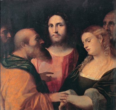 姦淫で捕らえられたキリストと女、1525年-1528年 作： Jacopo Palma il Vecchio the Elder