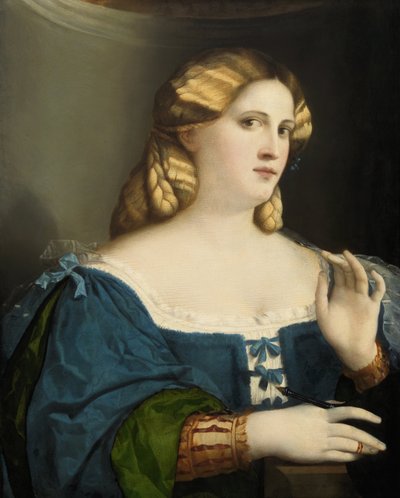 青いドレスの若い女性、ファン付き、1512-1514 作： Jacopo Palma il Vecchio the Elder