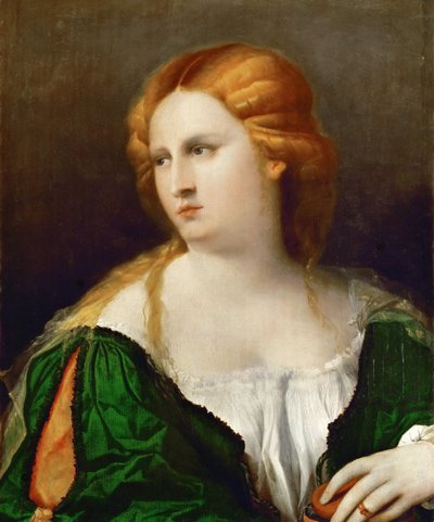 緑のドレスの若い女性、手にボックス、1514年頃 作： Jacopo Palma il Vecchio the Elder