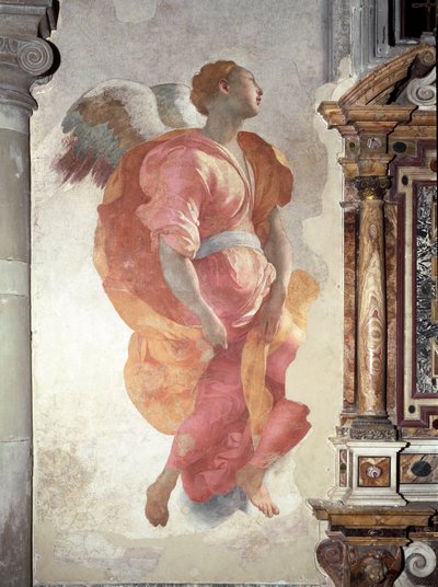 受胎告知。天使の詳細 - フレスコ画 作： Jacopo Pontormo