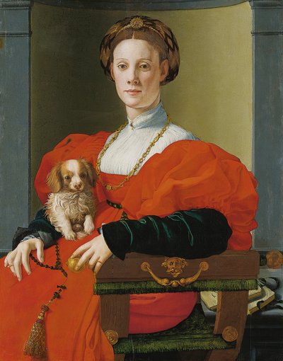 小型犬を持つ女性の肖像画 作： Jacopo Pontormo
