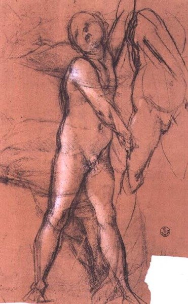 聖人のいる聖家族」（プッチ祭壇画）のカーテンを持つ天使の習作、1518年頃（木炭 作： Jacopo Pontormo